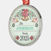 Poinsettia Wreath Bells Family Name 2025 Christmas メタルオーナメント (左)