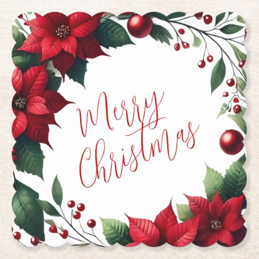 Poinsettia Wreath – Elegant Christmas Florals ペーパーコースター (正面)