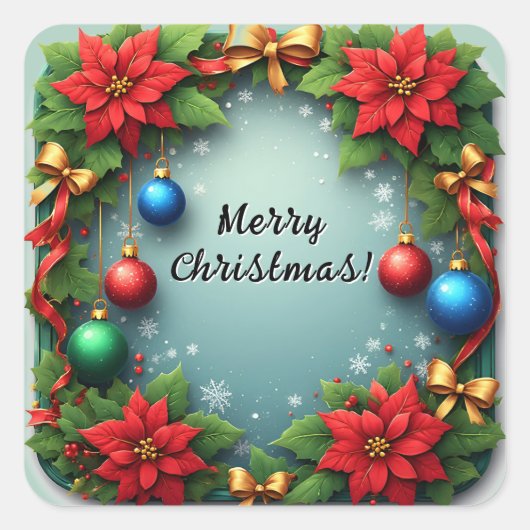 Poinsettiasとのクリスマスリース スクエアシール (正面)