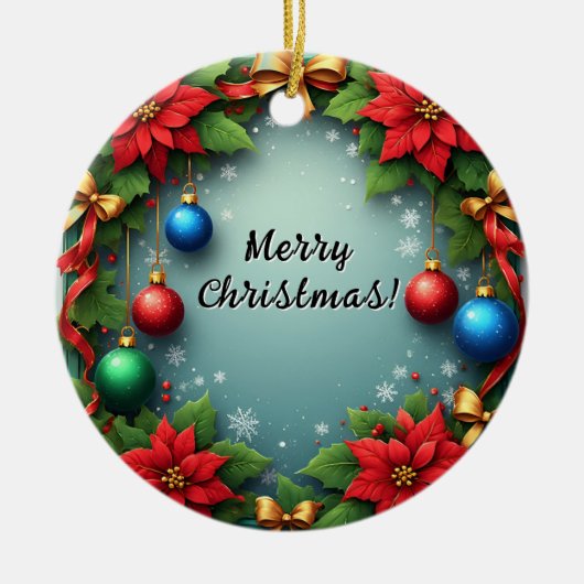 Poinsettiasとのクリスマスリース セラミックオーナメント (正面)