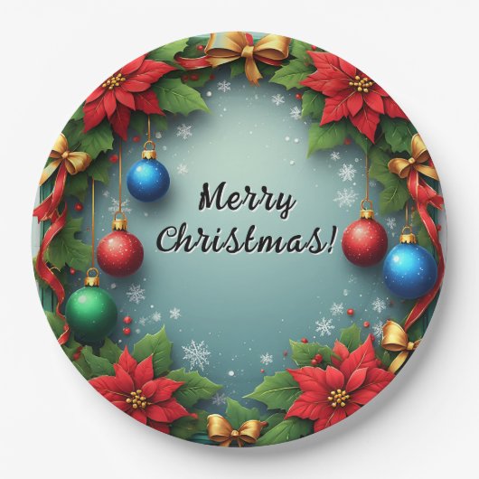 Poinsettiasとのクリスマスリース ペーパープレート (正面)