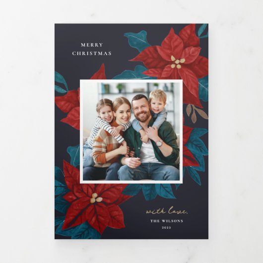 Poinsettias絵を描のクリスマス写真 三つ折りクリスマスカード (カバー)
