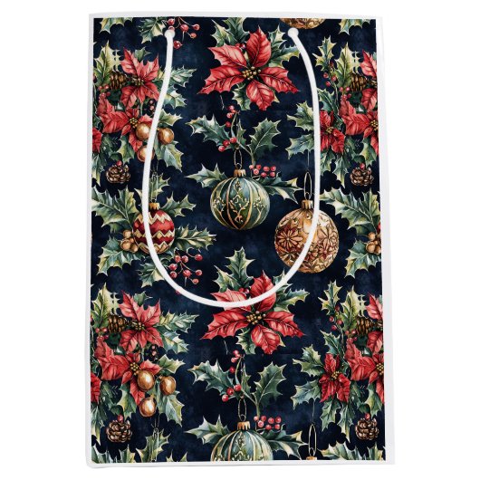 Poinsettias and Ornaments ミディアムペーパーバッグ (正面)