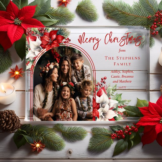 Poinsettias and Pine Arched Photo Merry Christmas  アクリル招待状