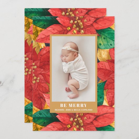 Poinsettias Holiday写真誕生のお知らせ シーズンカード (正面/裏面)