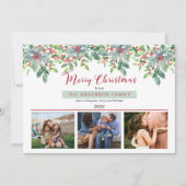 Poinsettias Holly Greeneryメリークリスマス3写真 シーズンカード (正面)