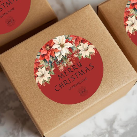 Poinsettias Merry Christmas Corporate Logo ラウンドシール