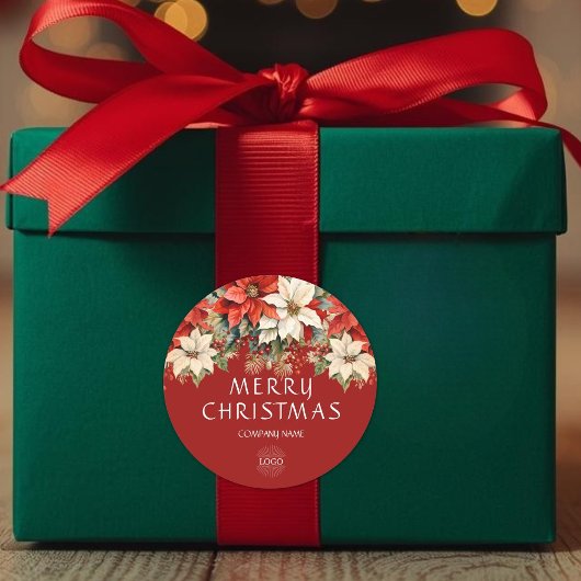 Poinsettias Merry Christmas Corporate Logo  ラウンドシール