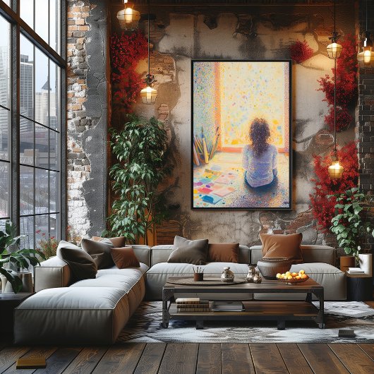 Pointellism Child 絵を描's in Sunlit Room ポスター