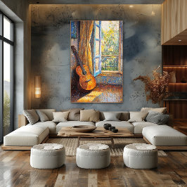 Pointellism Guitar by Sunlit Window 鮮やか - ポスター