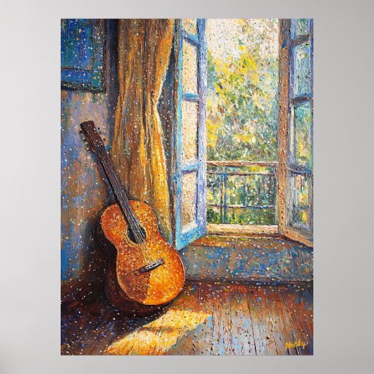 Pointellism Guitar by Sunlit Window 鮮やか - ポスター (正面)