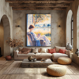 Pointellism Woman by Window with Sunlit View ポスター