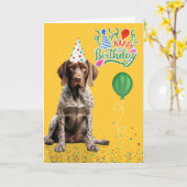 Pointer Dog in a Party Hat on Yellow Birthday カード (黄色い花)