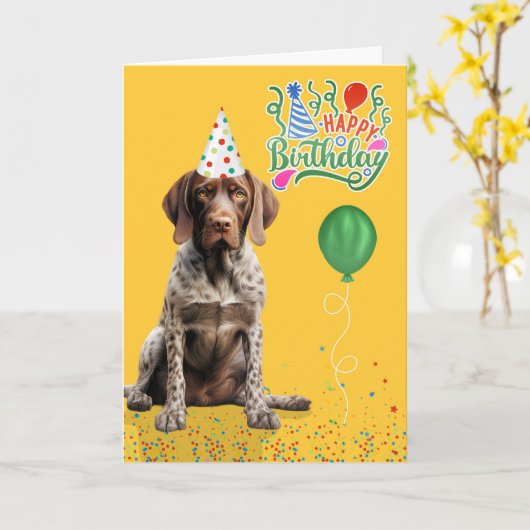 Pointer Dog in a Party Hat on Yellow Birthday カード (黄色い花)