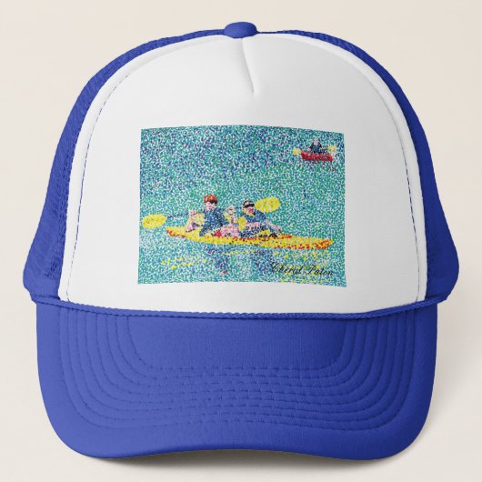 Pointillism kayak scene絵を描s by Cheryl Paton キャップ (正面)