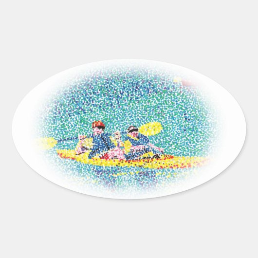 Pointillism Kayak Scene 絵画's, oval stickers 楕円形シール (正面)