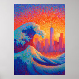 Pointillism Ocean Wave New York Skyline ポスター