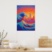 Pointillism Ocean Wave New York Skyline ポスター (キッチン)