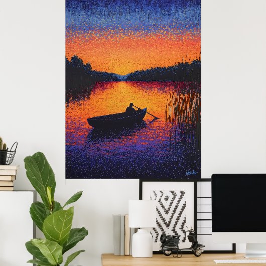 Pointillism Sunset with Rowboat on Lake ポスター (ホームオフィス)