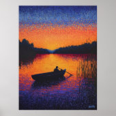 Pointillism Sunset with Rowboat on Lake ポスター (正面)