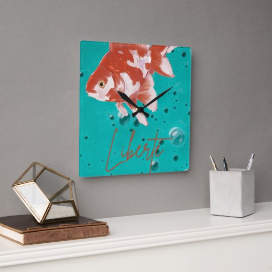Poisson rouge"Liberté"- Horloge murale décorative  スクエア壁時計 (オフィス)