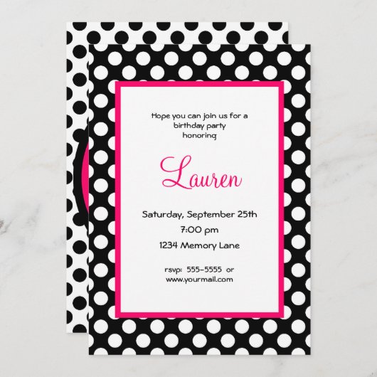 Pokaの黒く及び白い点の第40誕生日の招待状 招待状 (正面/裏面)