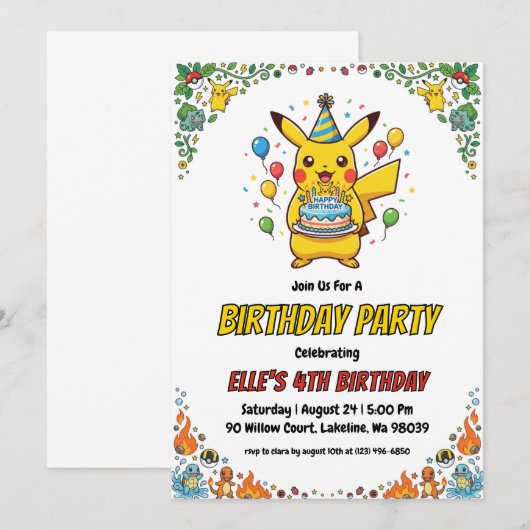 Pokémon Birthday Invitations 招待状 (正面/裏面)