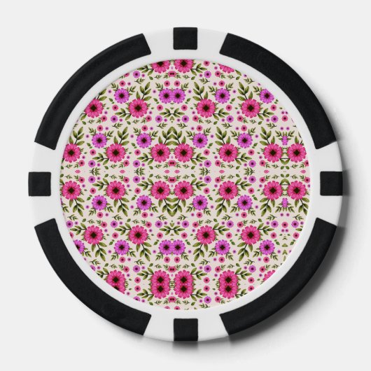 Poker chips with a vibrant pink floral pattern  ポーカーチップ (正面)