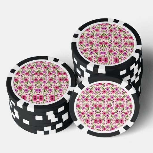 Poker chips with a vibrant pink floral pattern  ポーカーチップ (積み重ね)