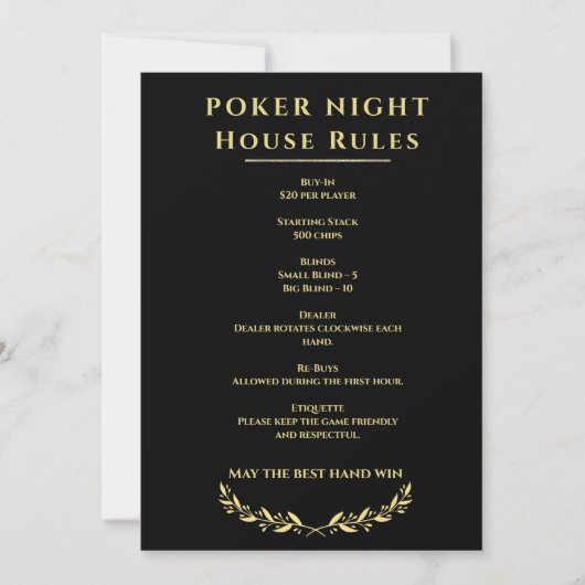 Poker Night House Rules Sign Black and Gold (正面)