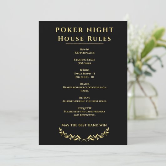 Poker Night House Rules Sign Black and Gold (スタンド正面)