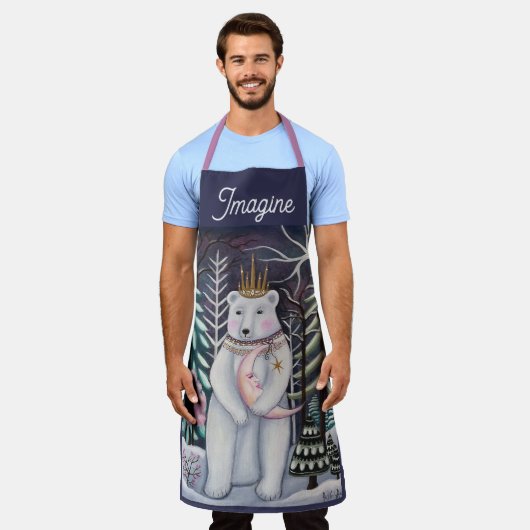 Polar Bear and Moon Winter Whimsical Art エプロン (着用した状態)