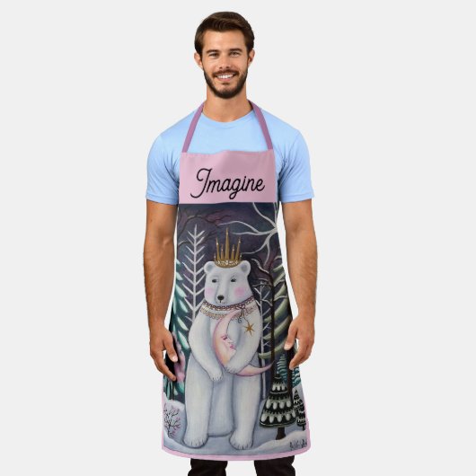 Polar Bear and Moon Winter Whimsical Art エプロン (着用した状態)