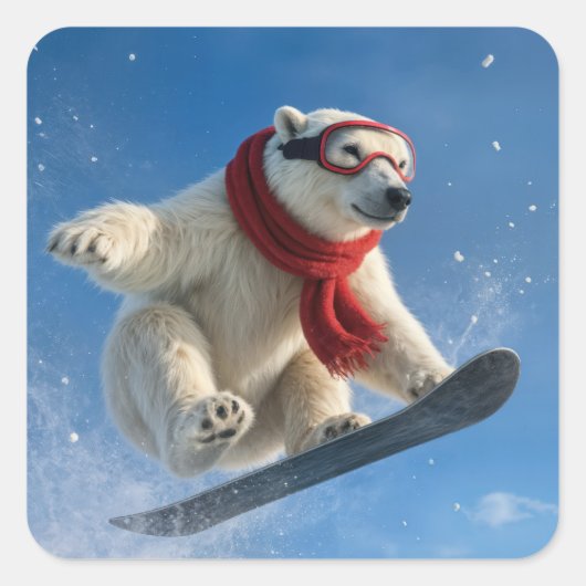 Polar Bear Mid-air on a Snowboard スクエアシール (正面)