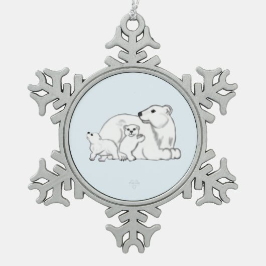 Polar Bear Mom & Cubs Snowflake Framed Ornament スノーフレークピューターオーナメント (正面)