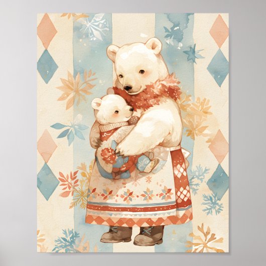 Polar Bear Mother and Cub Winter Attire Nursery ポスター (正面)