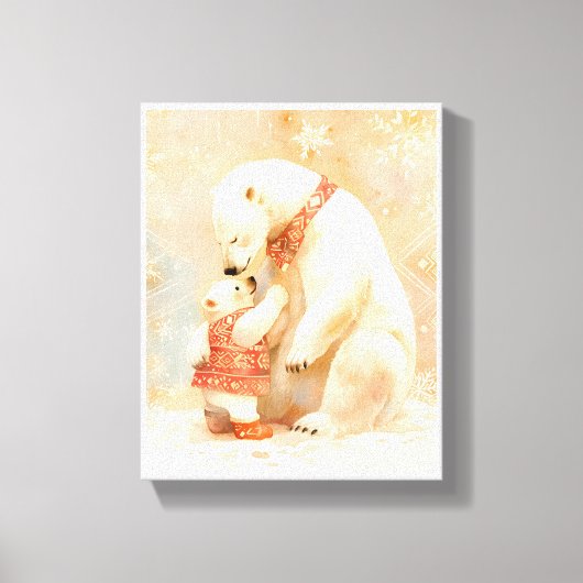Polar Bear Parent and Cub Winter Embrace Nursery キャンバスプリント (正面)