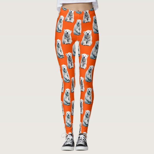 Polar Bear Pattern Design On Orange レギンス (正面)