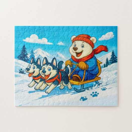 Polar Bear Racing a Husky Dog Sled Team ジグソーパズル (横)