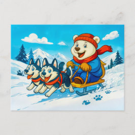 Polar Bear Racing a Husky Dog Sled Team ポストカード