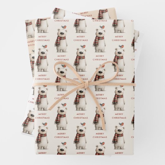 Polar Bear Robin Pattern White and cream Christmas ラッピングペーパーシート (インサイチュ)