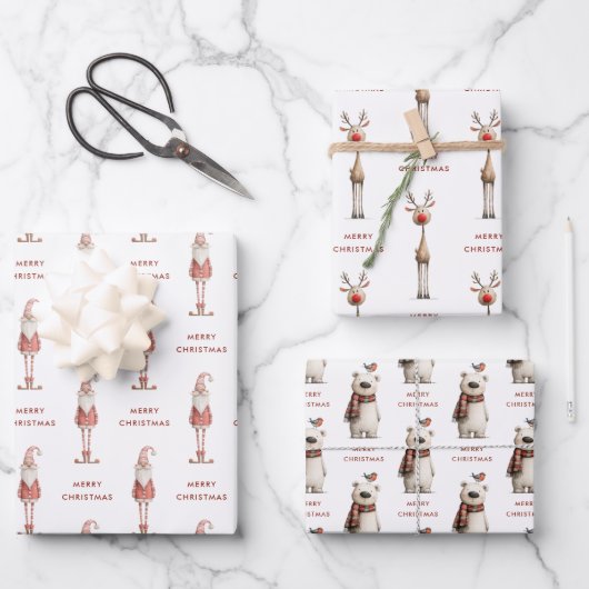 Polar Bear Santa and Reindeer Christmas ラッピングペーパーシート (正面)