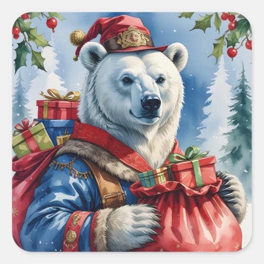 Polar Bear Santa Christmas Design スクエアシール (正面)
