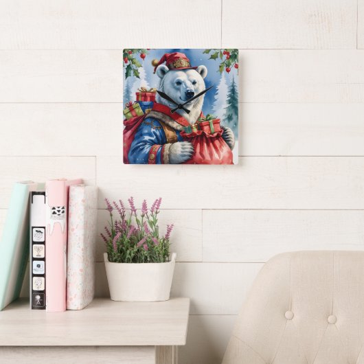 Polar Bear Santa Christmas Design スクエア壁時計 (読書スペース)