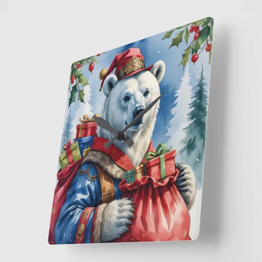 Polar Bear Santa Christmas Design スクエア壁時計 (傾斜)
