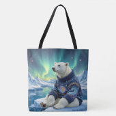 Polar Bear Sitting Under Northern Lights トートバッグ (正面)