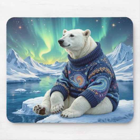 Polar Bear Sitting Under Northern Lights マウスパッド (正面)