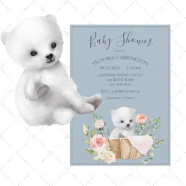 Polar Bear Watercolor Blue Baby Shower Invitation 招待状