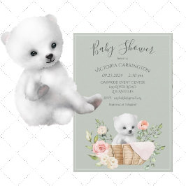Polar Bear Watercolor Sage Green Baby Shower 招待状