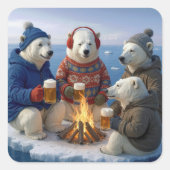 Polar Bears Drinking Around a Campfire  スクエアシール (正面)